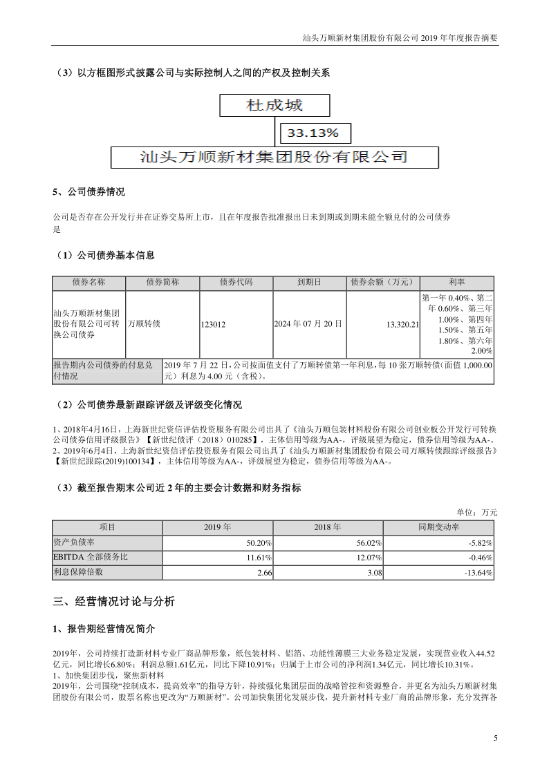 万顺新材：2019年年度报告摘要