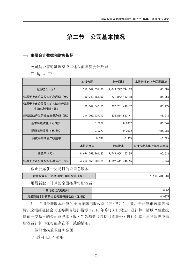 长源电力：2020年第一季度报告全文