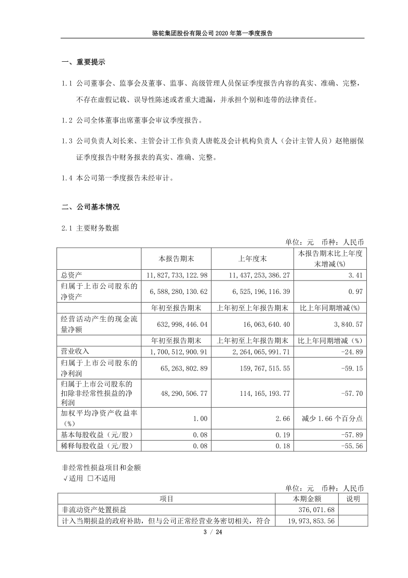 601311:骆驼股份2020年第一季度报告