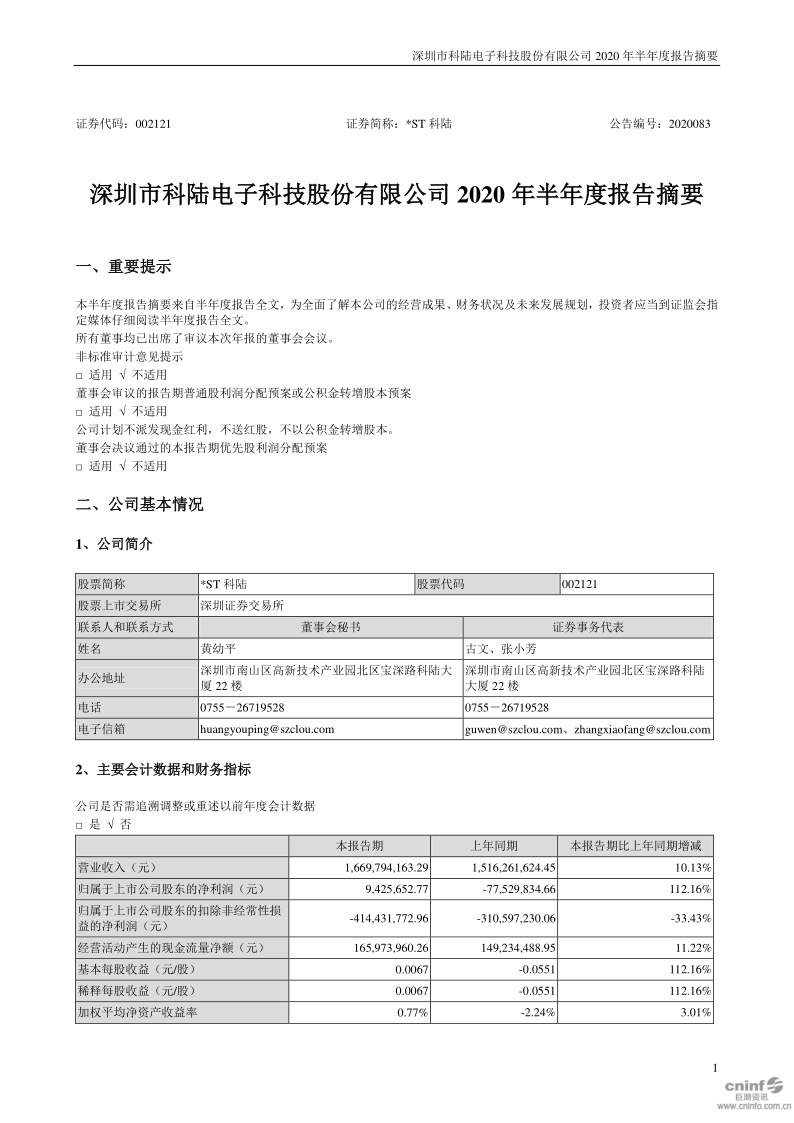 *ST科陆:2020年半年度报告摘要(已取消)