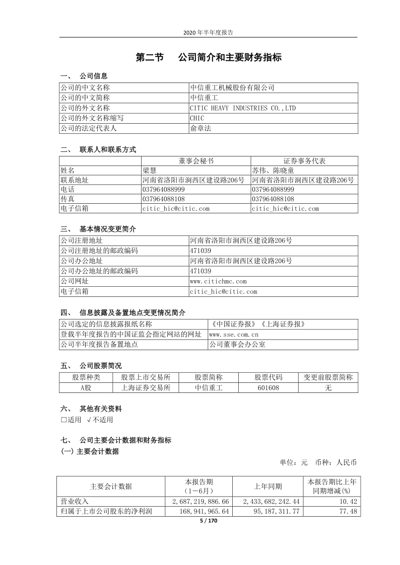 601608：中信重工2020年半年度报告