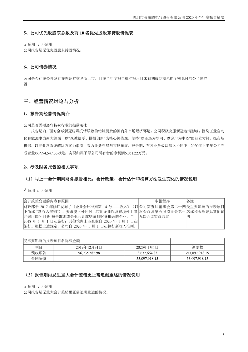 英威腾：2020年半年度报告摘要