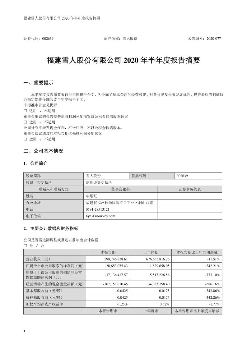 雪人股份：2020年半年度报告摘要