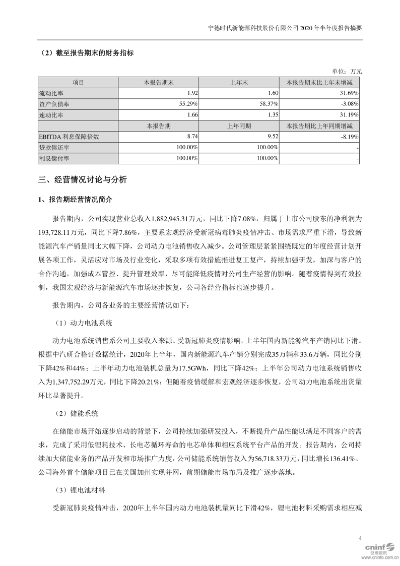 宁德时代:2020年半年度报告摘要