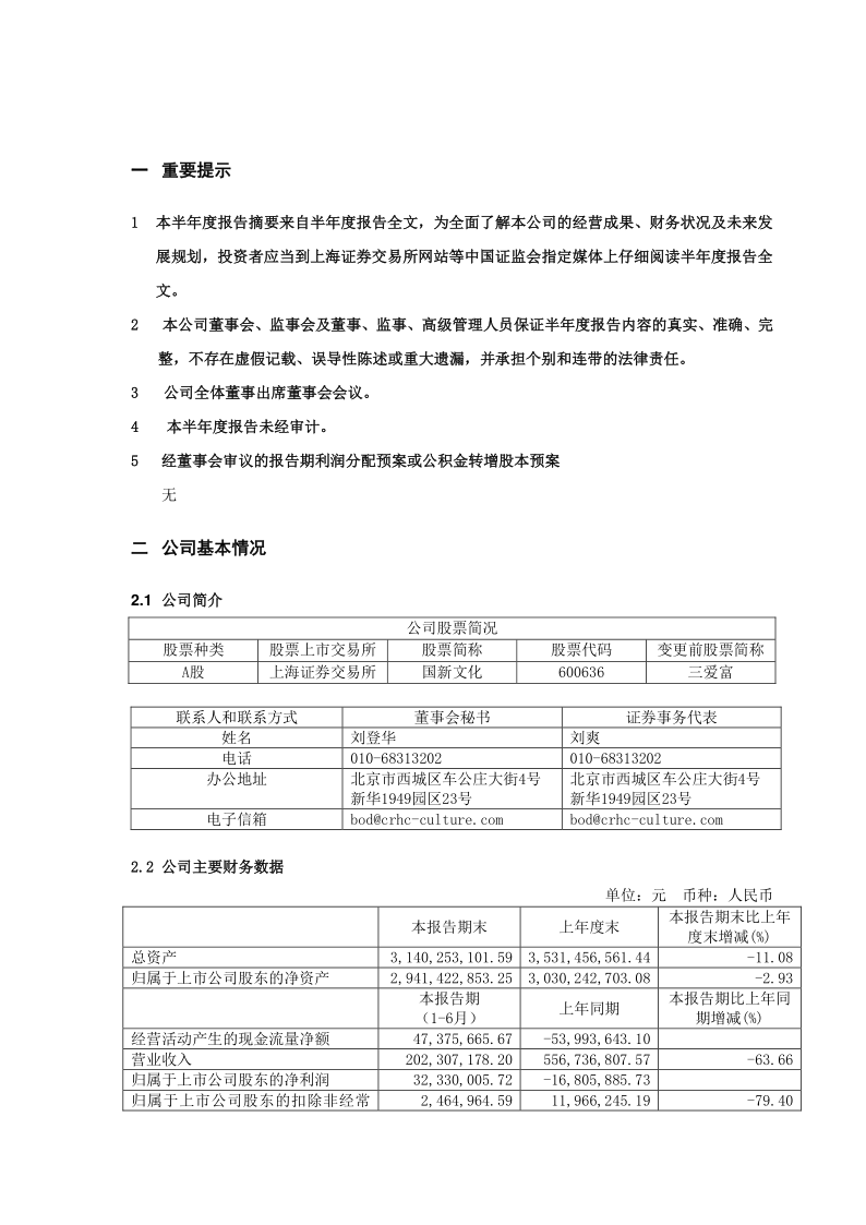 600636：国新文化2020年半年度报告摘要