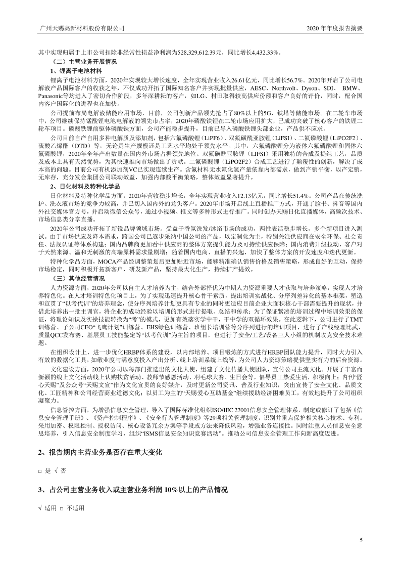 天赐材料:2020年年度报告摘要