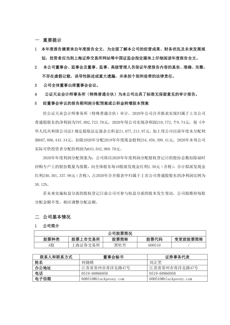 600510：黑牡丹2020年年度报告摘要