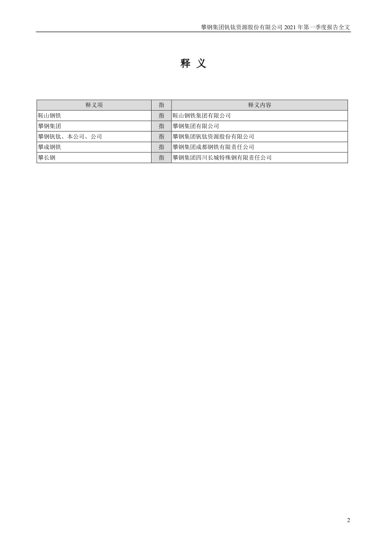 攀钢钒钛：2021年第一季度报告全文