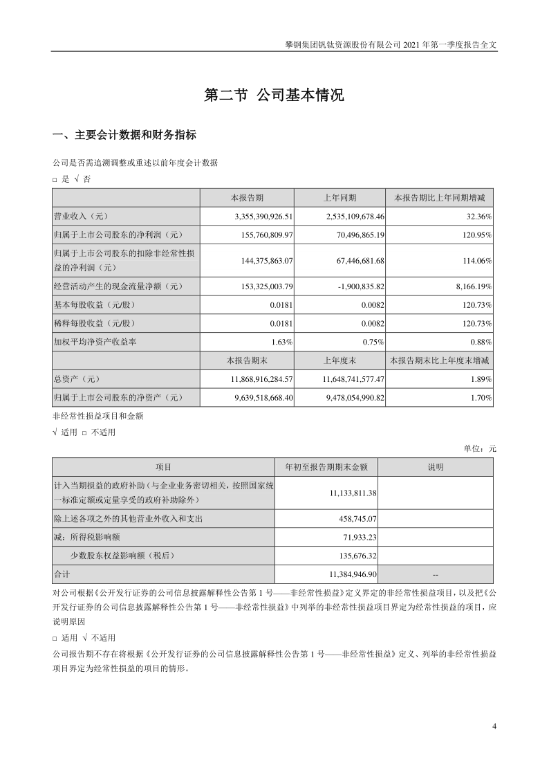 攀钢钒钛：2021年第一季度报告全文