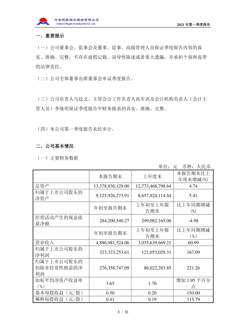 601677：明泰铝业2021年第一季度报告全文