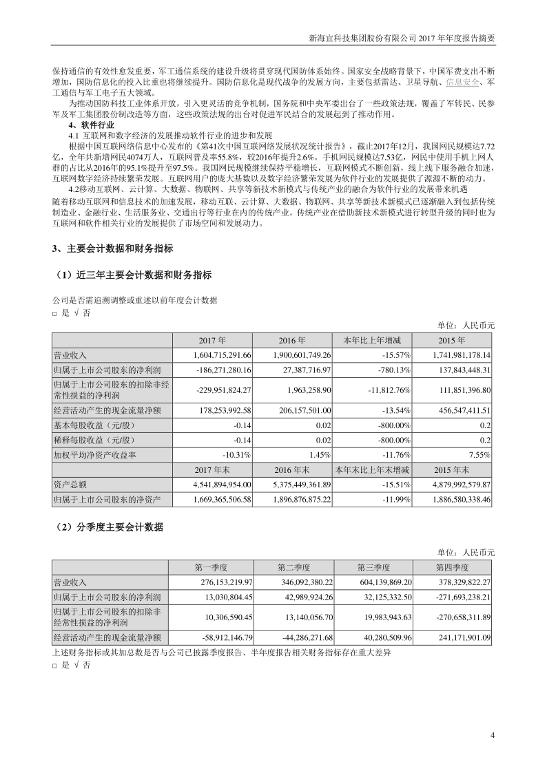 ST新海：2017年年度报告摘要(更新后)