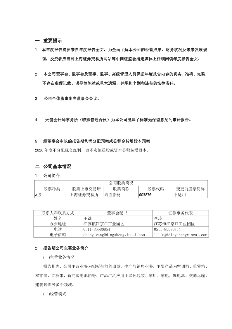 603876：江苏鼎胜新能源材料股份有限公司2020年年度报告摘要