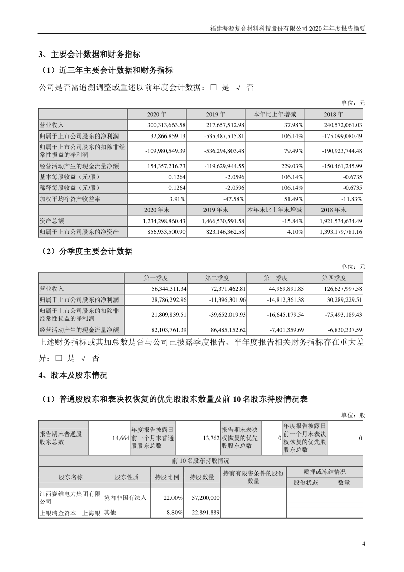 *ST海源：2020年年度报告摘要