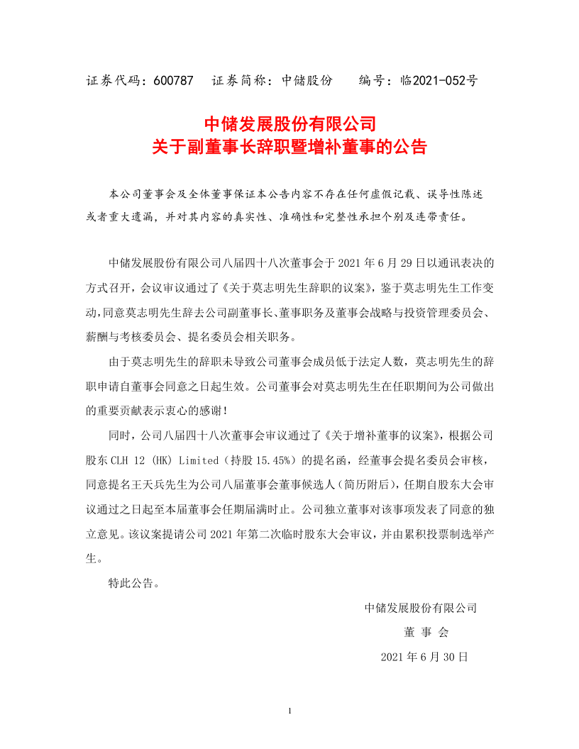 600787：中储发展股份有限公司关于副董事长辞职暨增补董事的公告