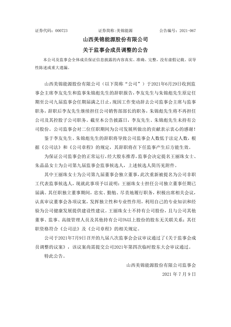 美锦能源：关于监事会成员调整的公告