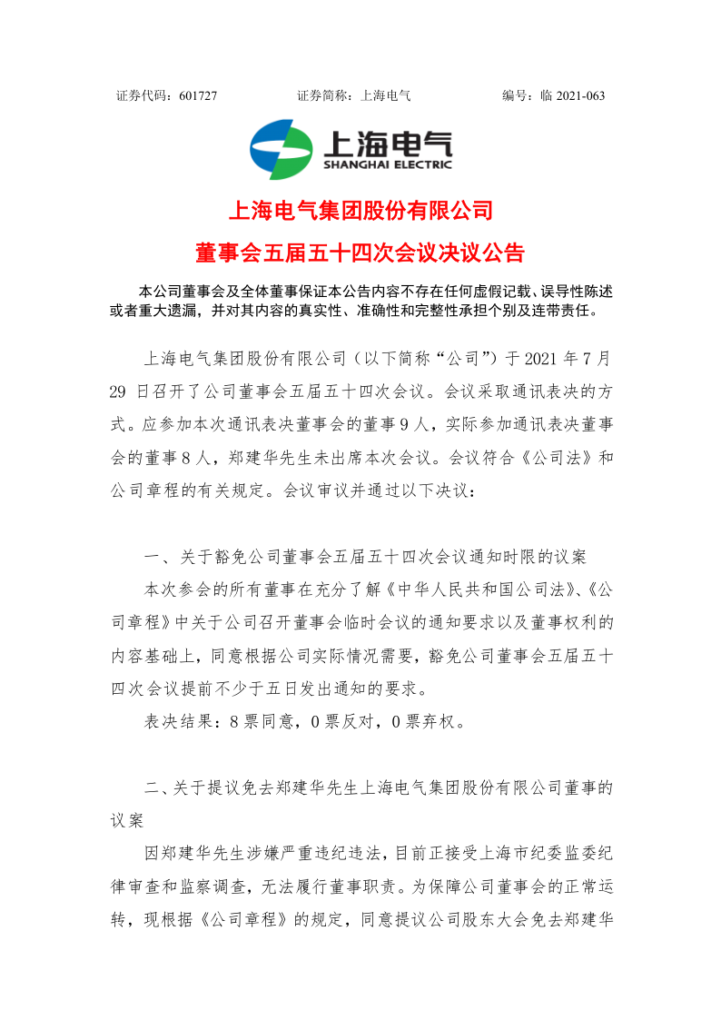 601727：上海电气董事会五届五十四次会议决议公告