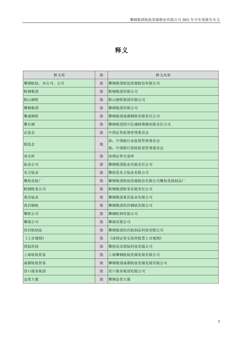 攀钢钒钛：2021年半年度报告