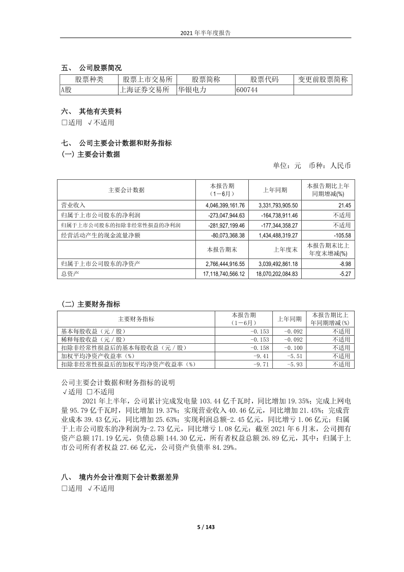 600744：大唐华银电力股份有限公司2021年半年度报告