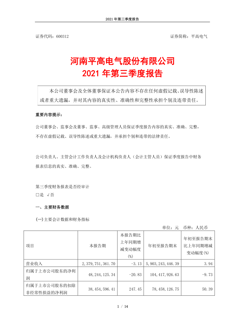 600312：河南平高电气股份有限公司2021年第三季度报告