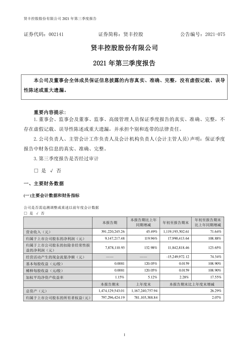 贤丰控股：2021年第三季度报告