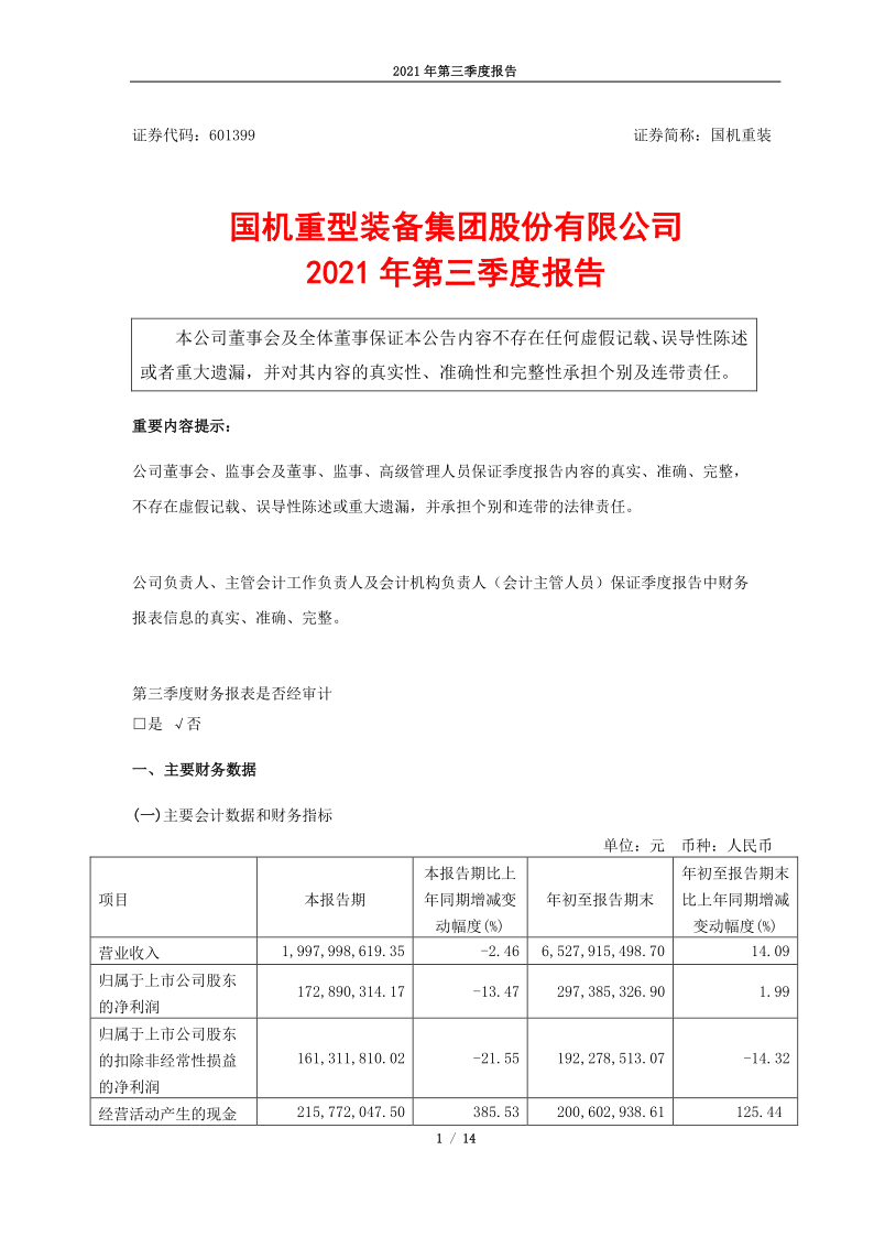 601399：国机重装2021年第三季度报告