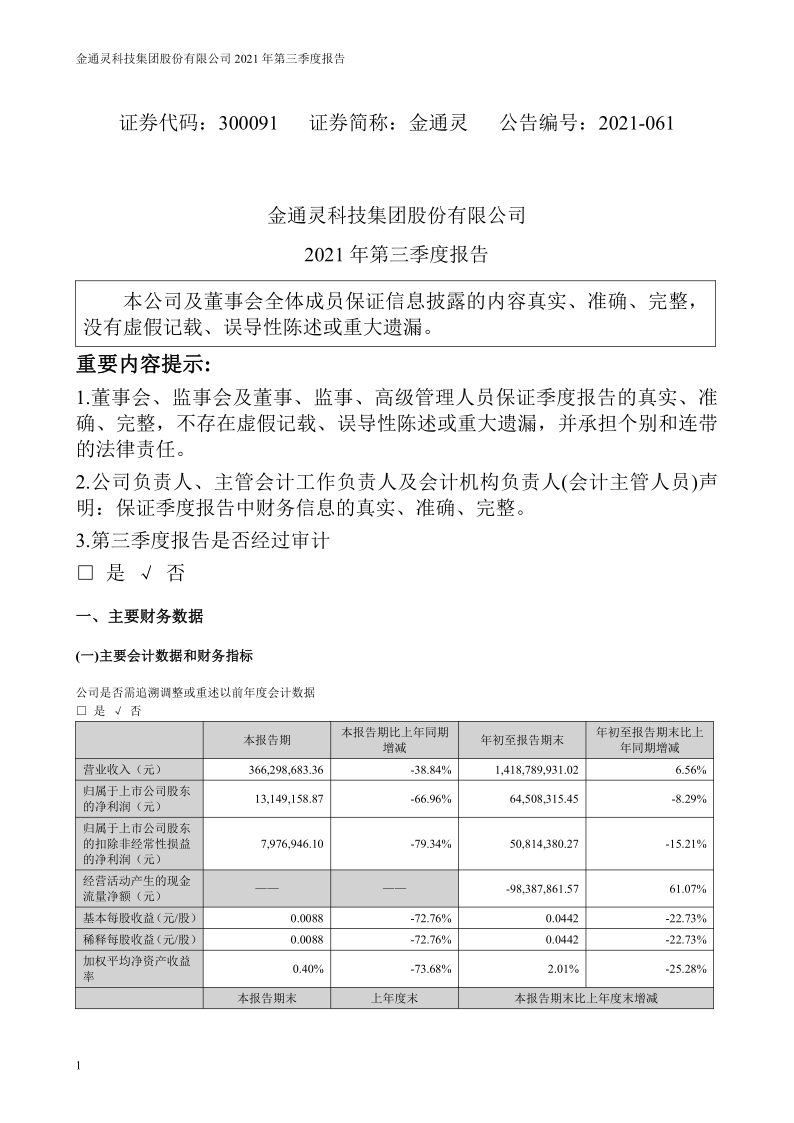 金通灵：2021年第三季度报告