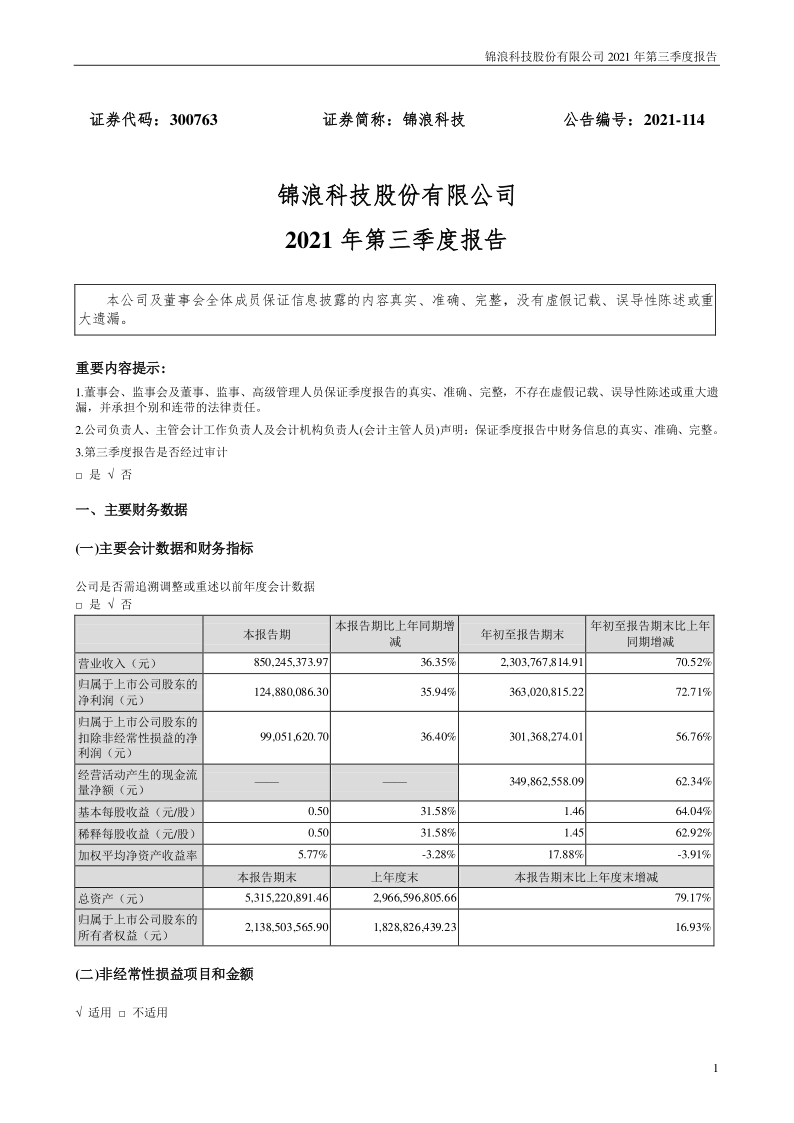 锦浪科技：2021年第三季度报告(1)