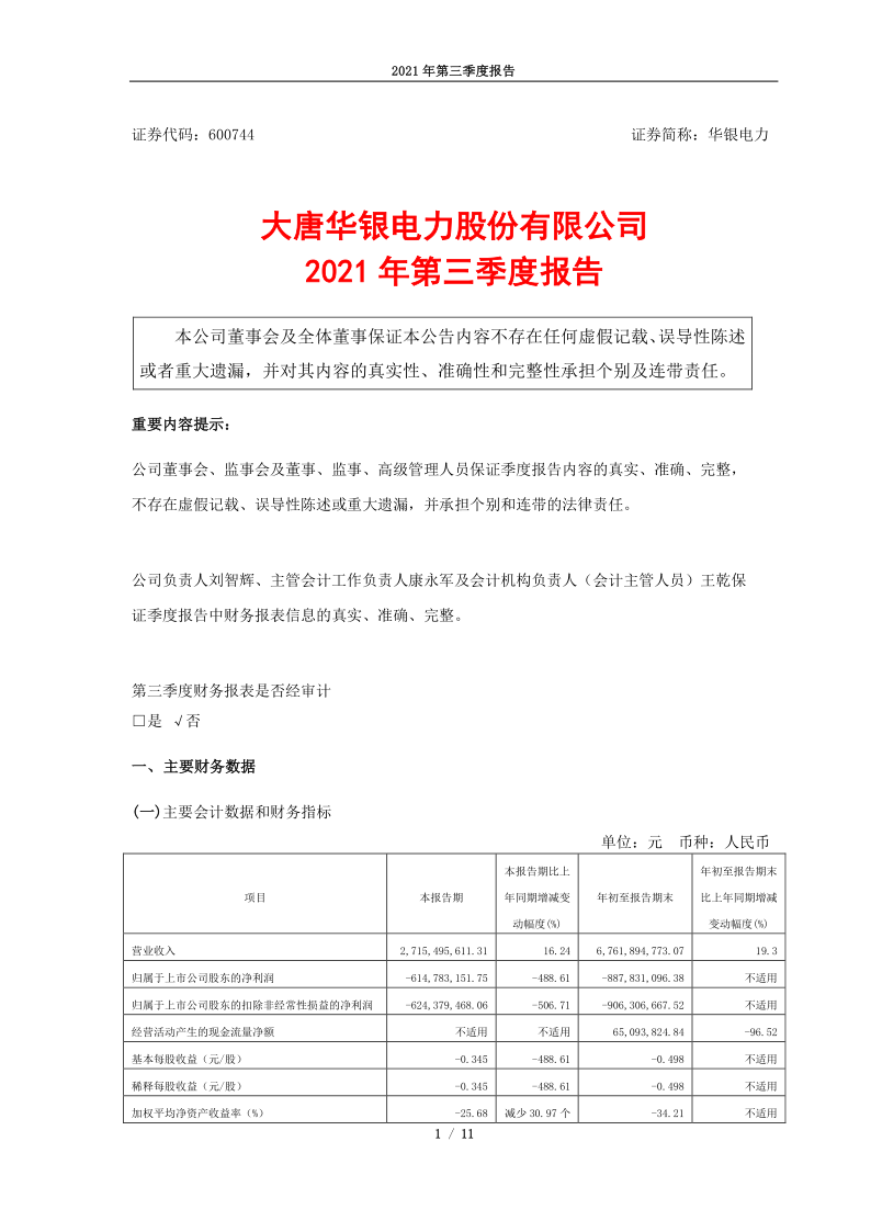 600744：大唐华银电力股份有限公司2021年第三季度报告