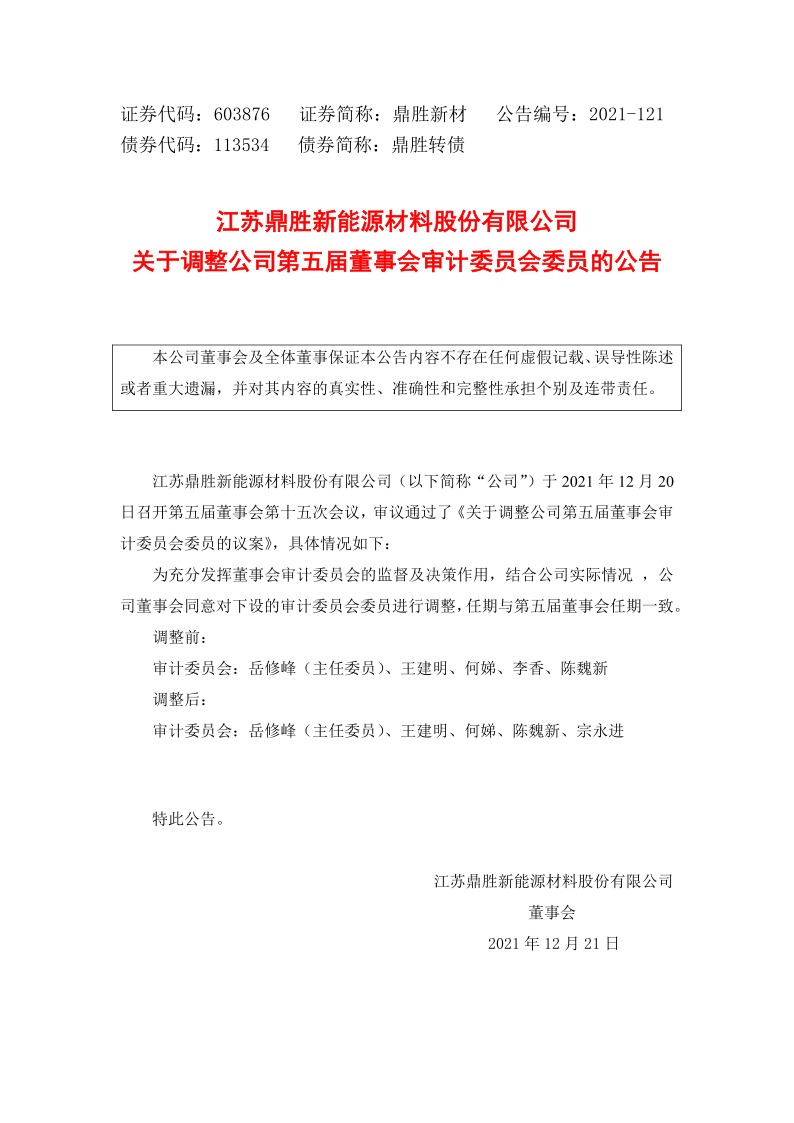 603876：江苏鼎胜新能源材料股份有限公司关于调整公司第五届董事会审计委员会委员的公告