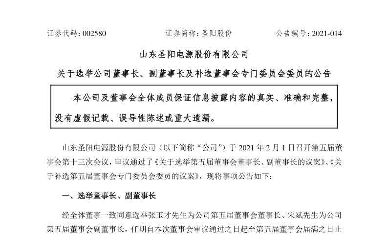 圣阳股份：关于选举公司董事长、副董事长及补选董事会专门委员会委员的公告