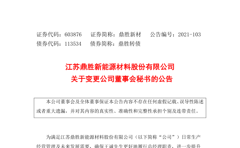 603876：江苏鼎胜新能源材料股份有限公司关于变更公司董事会秘书的公告