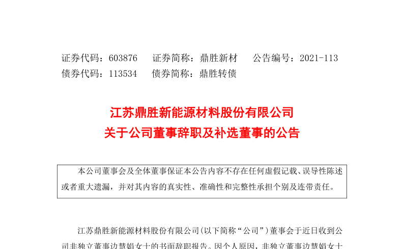 603876：江苏鼎胜新能源材料股份有限公司关于公司董事辞职及补选董事的公告