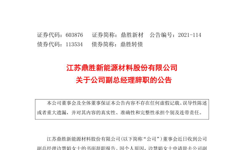 603876：江苏鼎胜新能源材料股份有限公司关于公司副总经理辞职的公告