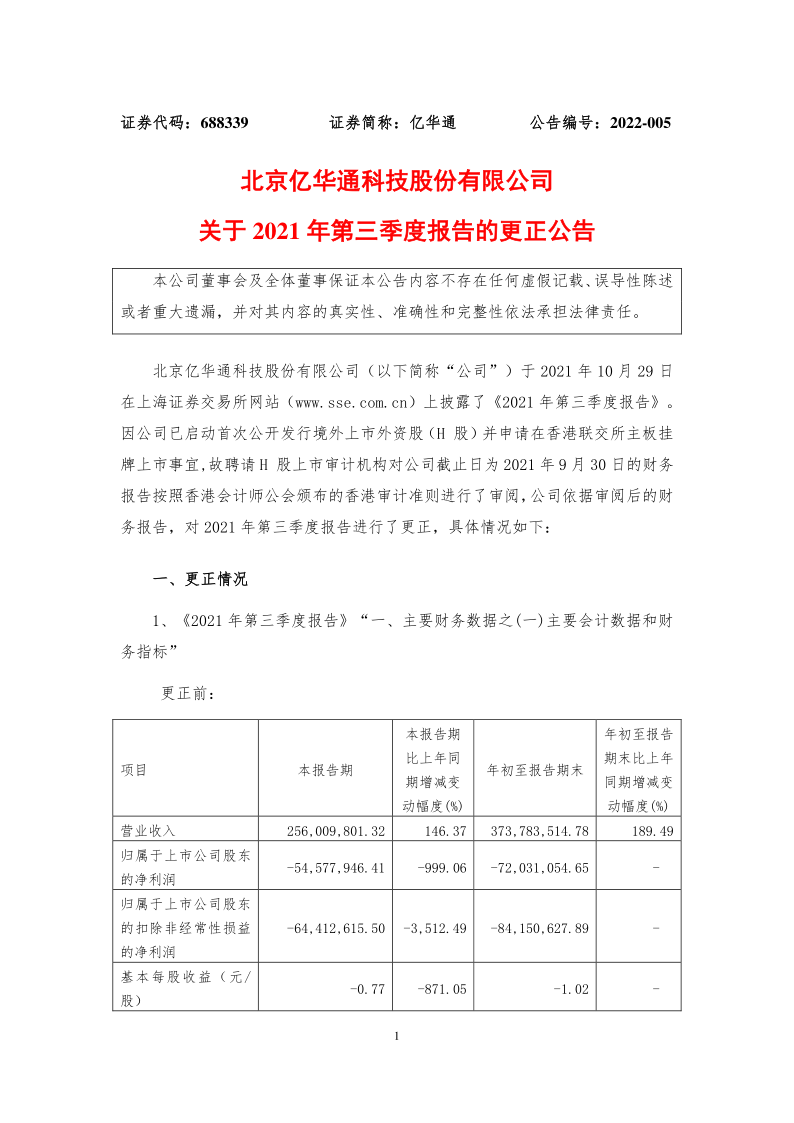688339：亿华通关于2021年第三季度报告的更正公告