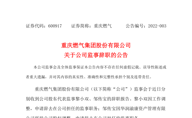 重庆燃气：关于公司监事黎小双、邹传宝辞职的公告