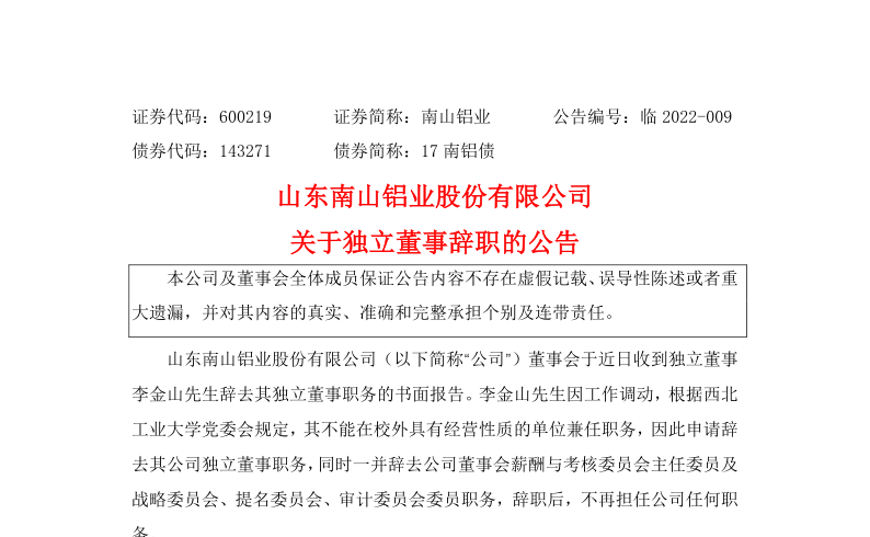 南山铝业：关于独立董事李金山辞职的公告