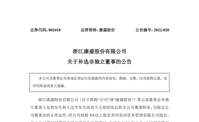 康盛股份：关于补选王亚骏和都巍做为非独立董事的公告