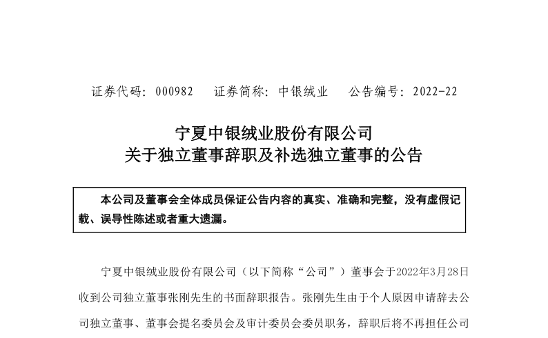 中银绒业：关于独立董事张刚辞职及补选独立董事的公告