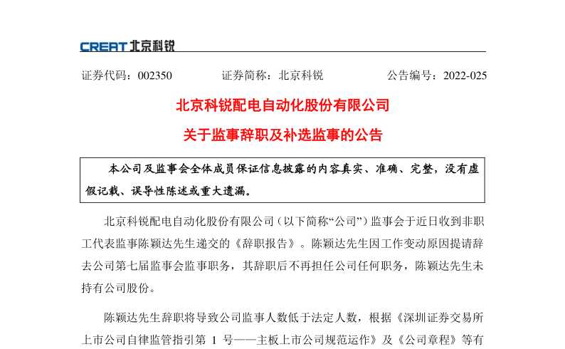 北京科锐：关于监事陈颖达辞职及补选谌灿霞监事的公告