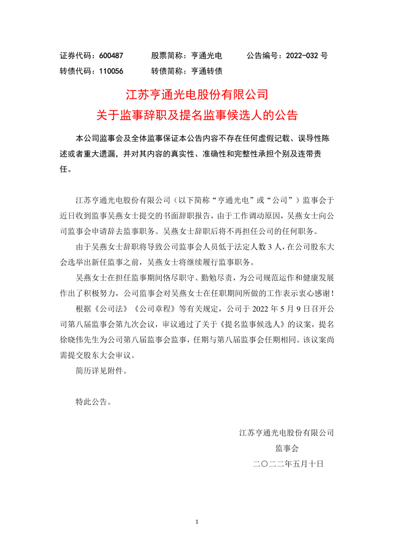 600487：亨通光电关于监事辞职及提名监事候选人的公告