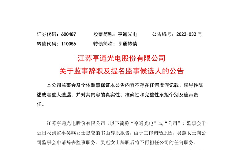 亨通光电：关于监事吴燕辞职及提名徐晓伟做为监事候选人的公告