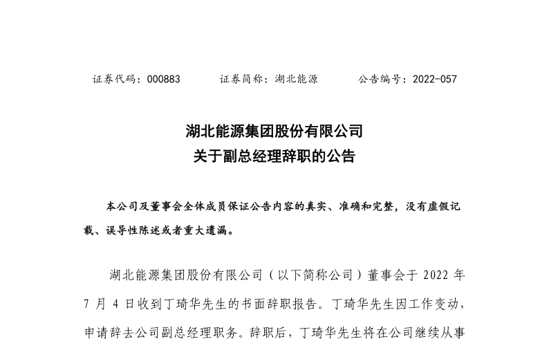 湖北能源：关于副总经理丁琦辞职的公告